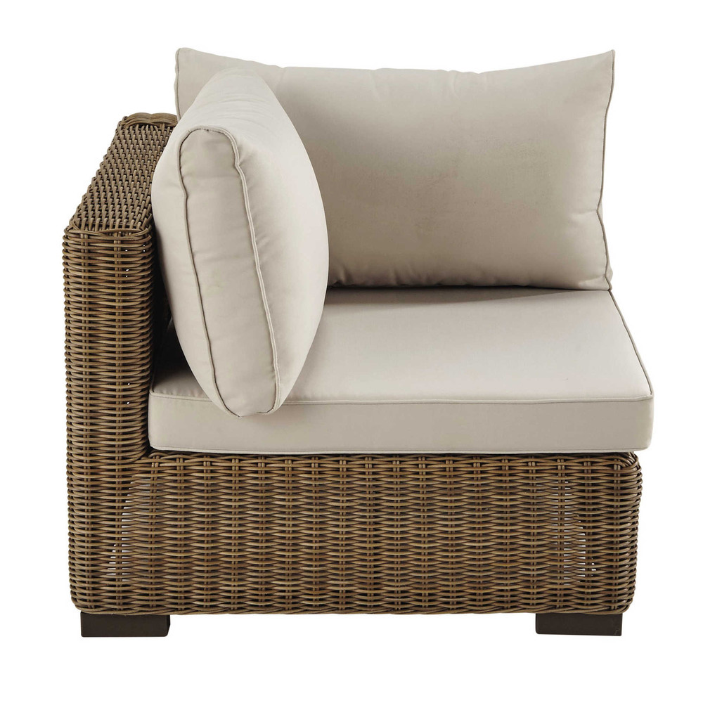 Angle de canapé de jardin en résine tressée et tissu beige sable Angle de canapé de jardin en résine tressée et tissu beige sable