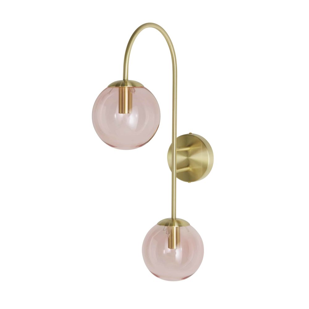 Applique 2 globes en verre teinté rose et socle en métal doré