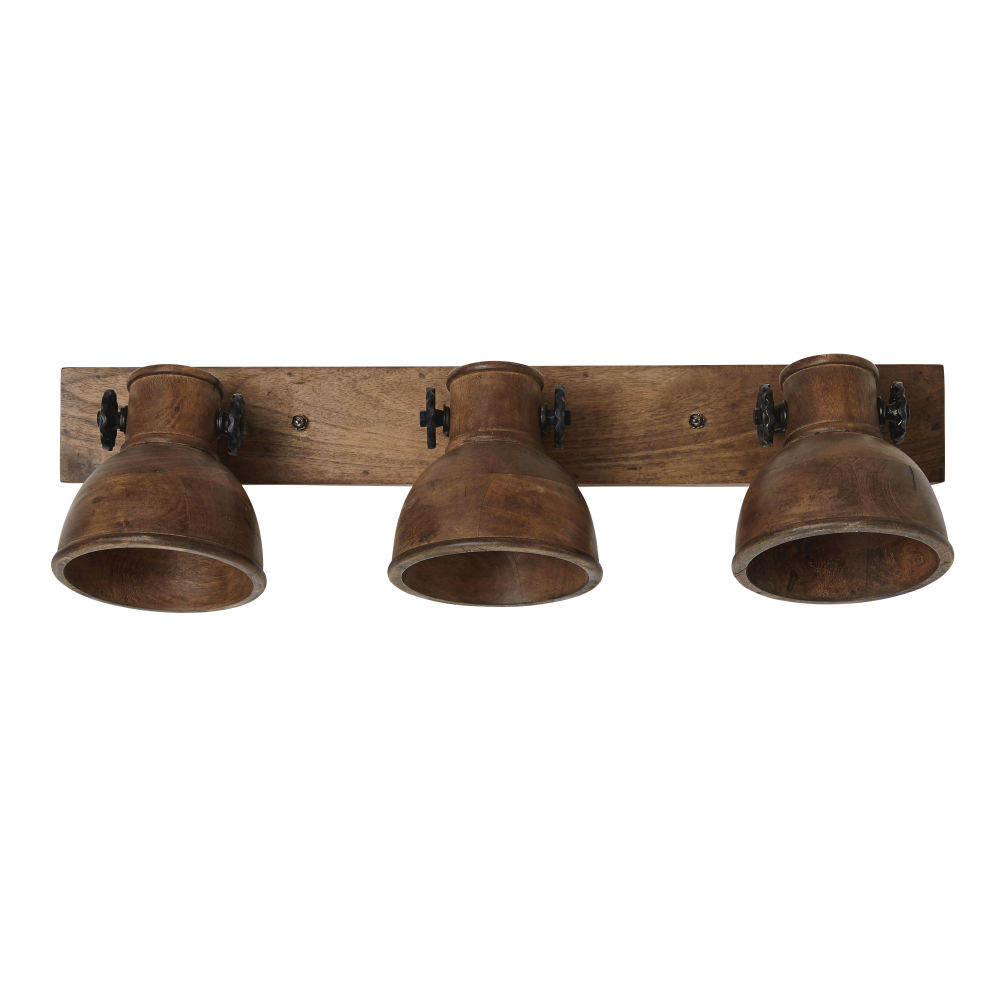 Applique industrielle avec 3 abat-jour en bois de manguier sculpté Applique industrielle avec 3 abat-jour en bois de manguier sculpté
