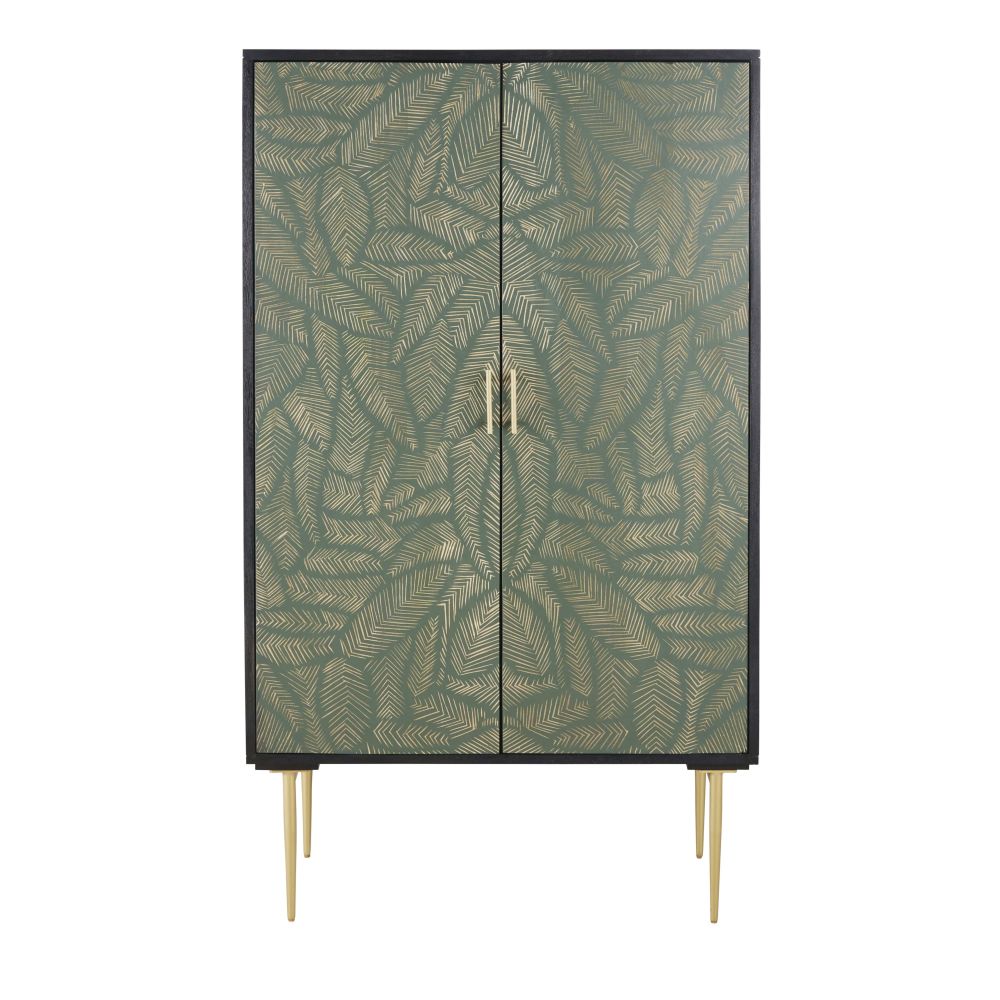 Armoire 2 portes en bois de manguier massif noir sculpté motifs feuilles