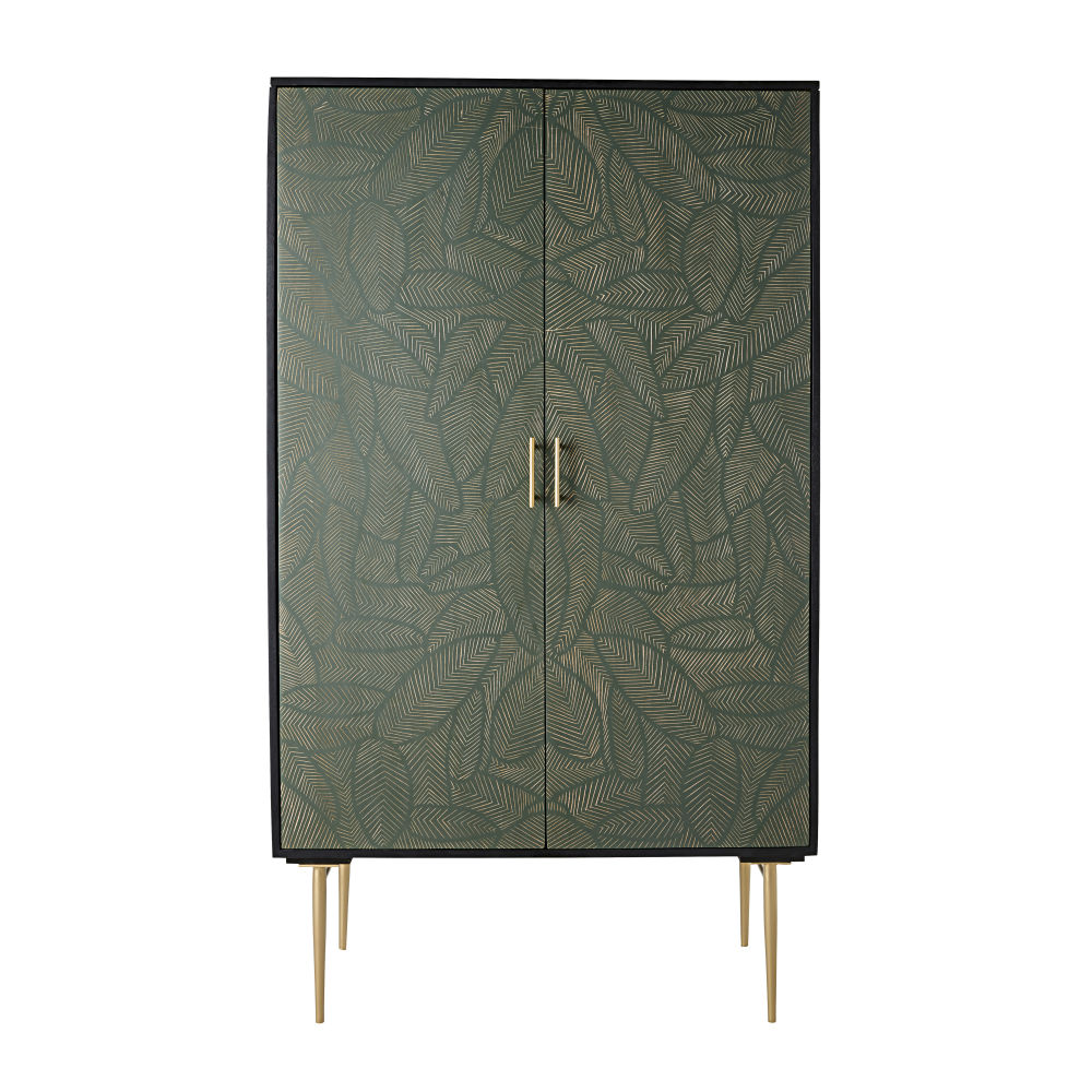 Armoire 2 portes en manguier massif noir sculpté motifs feuilles Armoire 2 portes en manguier massif noir sculpté motifs feuilles