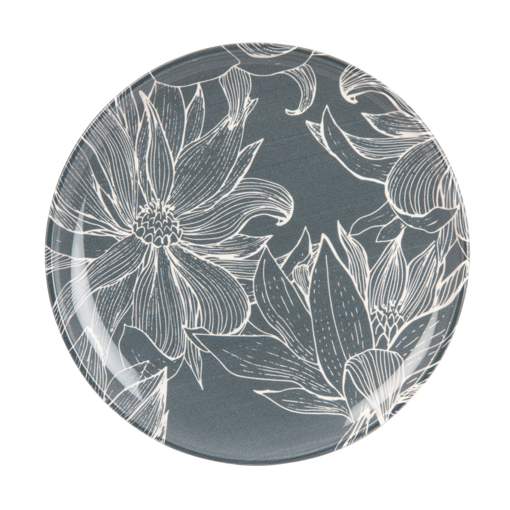 Assiette à dessert en faïence bleu gris motif végétal doré Assiette à dessert en faïence bleu gris motif végétal doré
