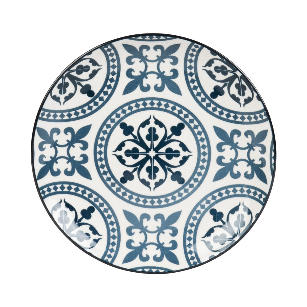 Assiette à dessert en faïence bleue et blanche motifs graphiques