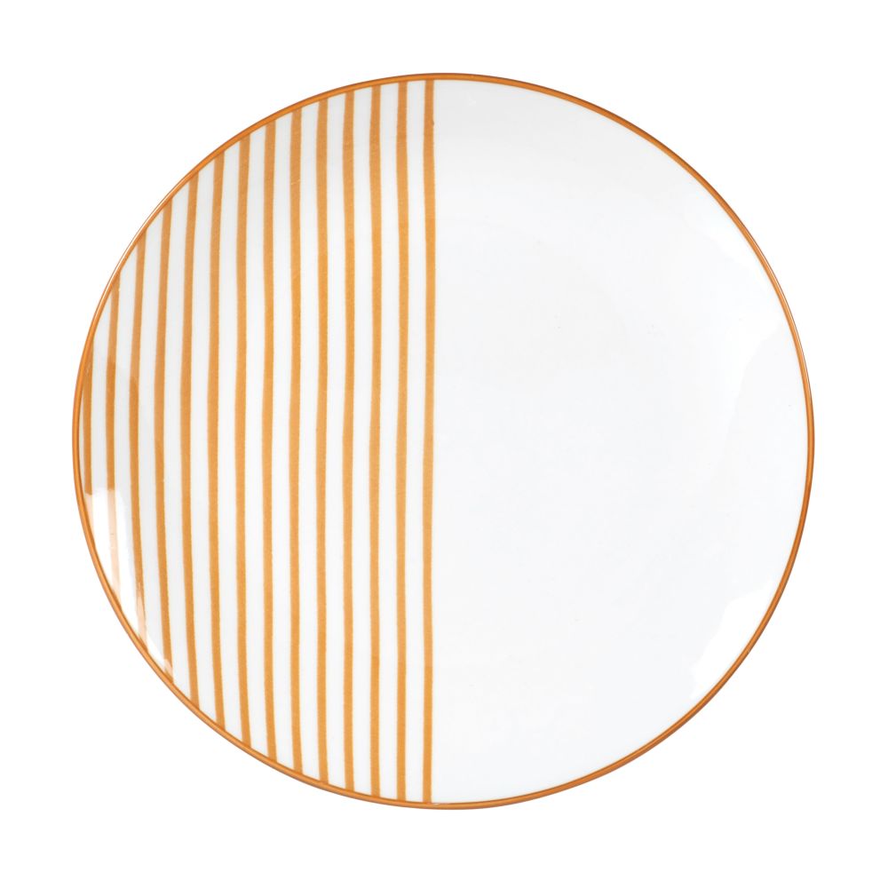 Assiette à dessert en faïence jaune moutarde motif à rayures