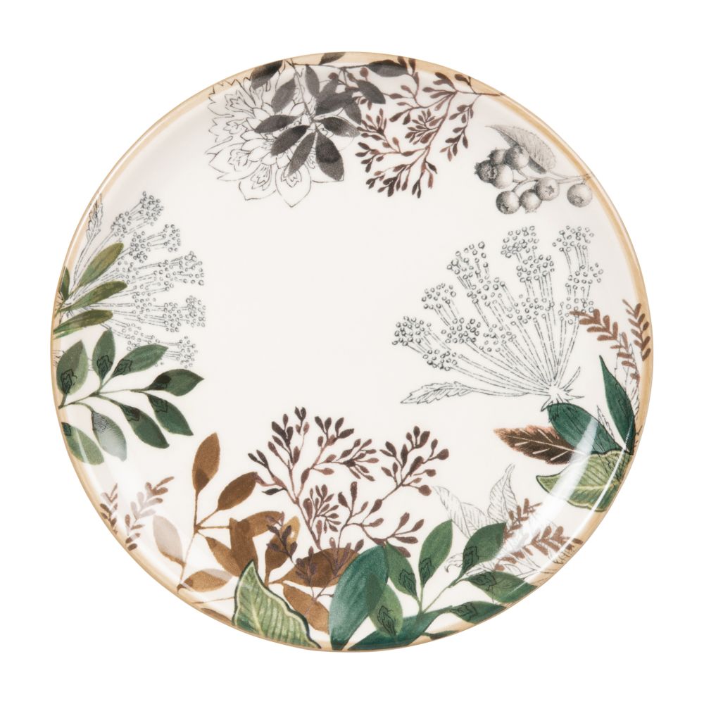 Assiette à dessert en faïence motif végétal blanc, vert et rouge Assiette à dessert en faïence motif végétal blanc, vert et rouge