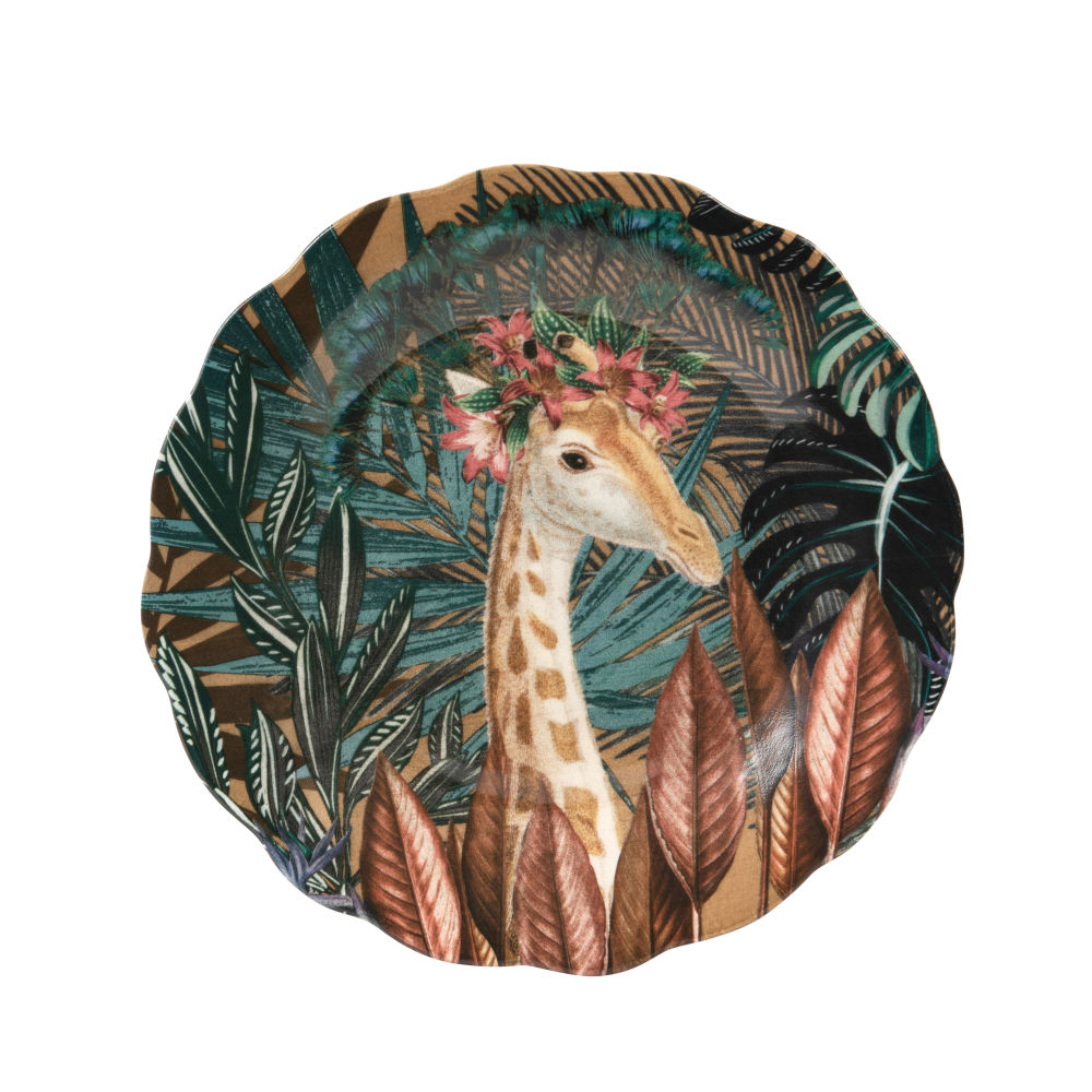 Assiette à dessert en faïence multicolore motif tropical et girafe Assiette à dessert en faïence multicolore motif tropical et girafe
