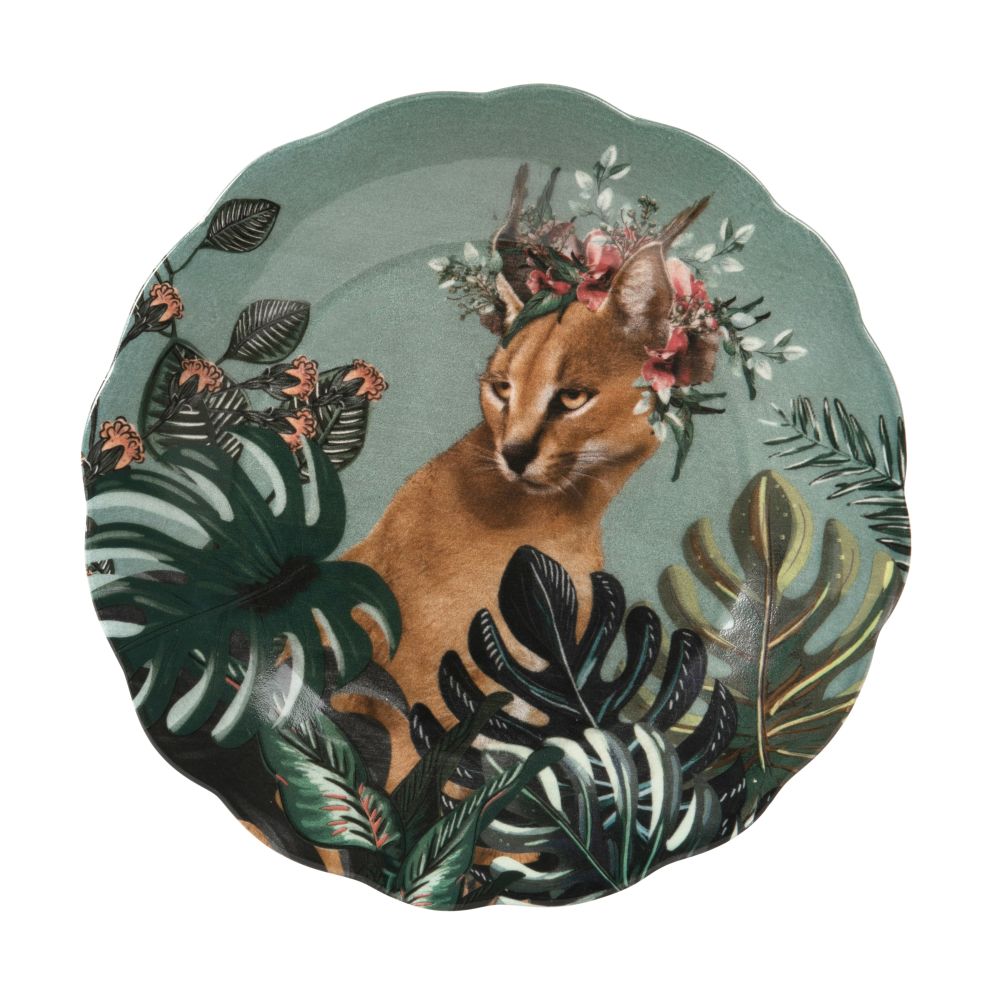 Assiette à dessert en faïence multicolore motif tropical et girafe Assiette à dessert en faïence multicolore motif tropical et girafe