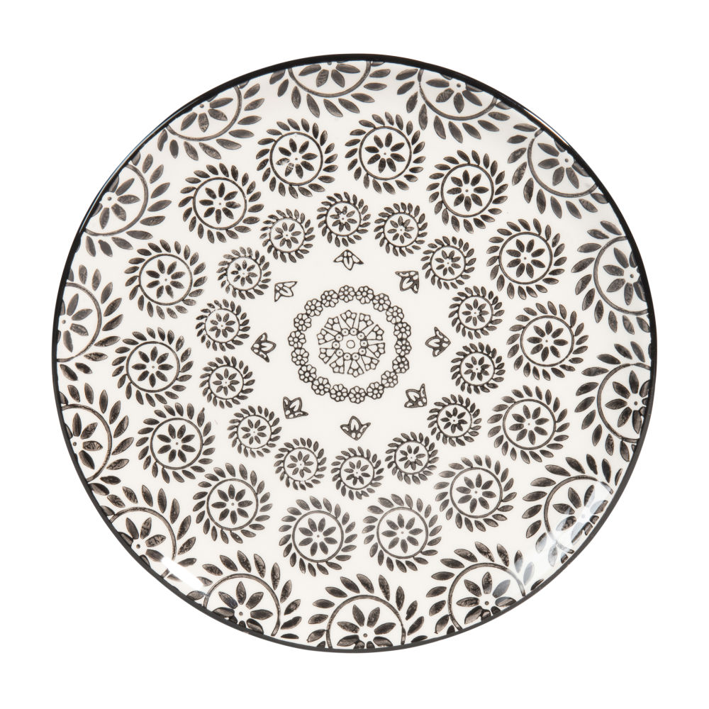 Assiette à dessert en faïence noire et blanche imprimée