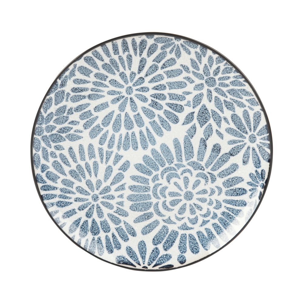 Assiette à dessert en grès blanc motifs graphiques bleus Assiette à dessert en grès blanc motifs graphiques bleus
