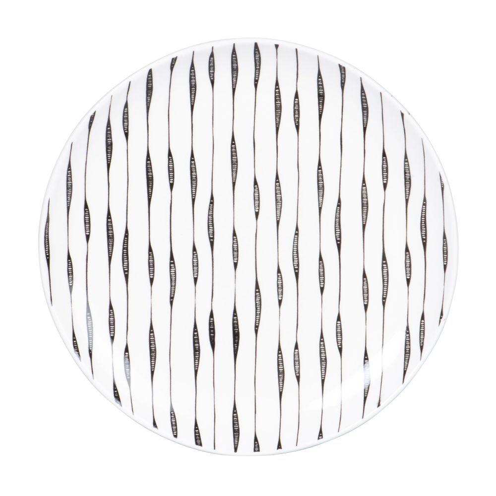Assiette à dessert en grès blanc motifs traits noirs