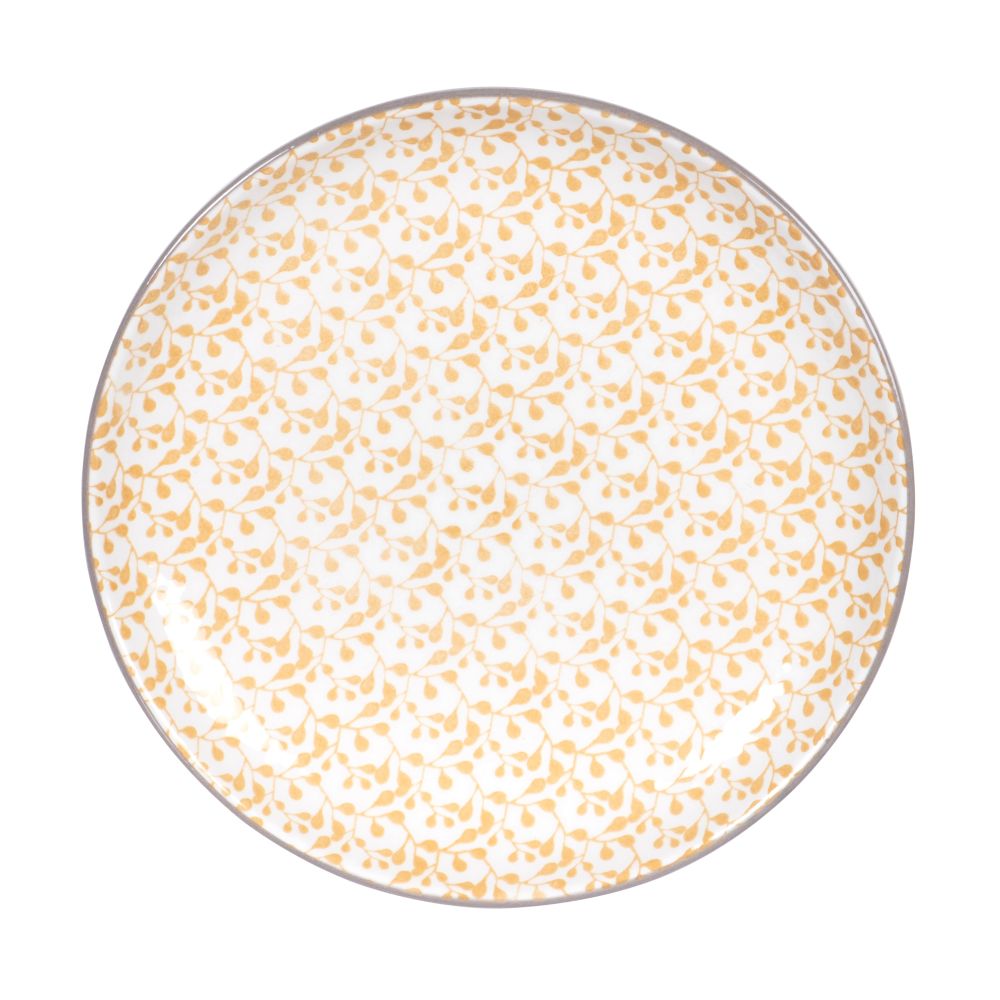 Assiette à dessert en grès jaune motifs graphiques