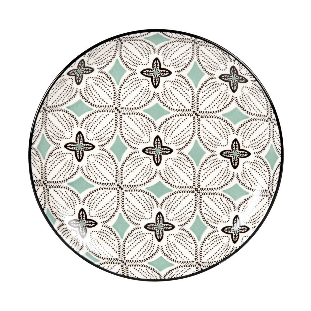 Assiette à dessert en grès motifs graphiques bleu gris, verts et blancs Assiette à dessert en grès motifs graphiques bleu gris, verts et blancs