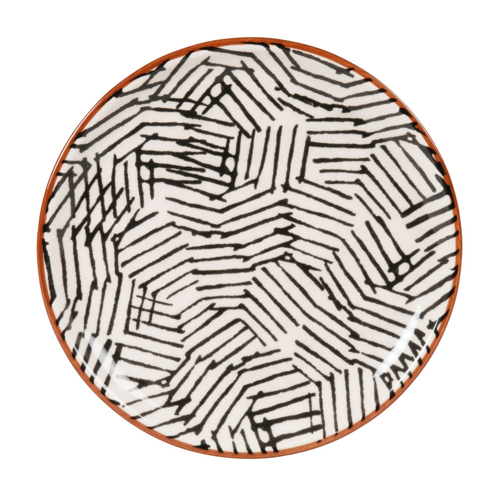 Assiette à dessert en grès motifs graphiques écrus et noirs Assiette à dessert en grès motifs graphiques écrus et noirs