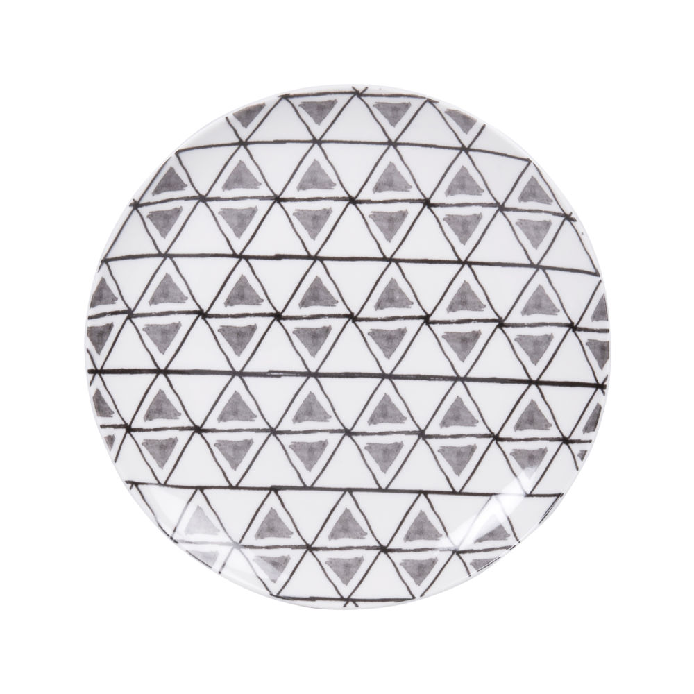 Assiette à dessert en grès motifs graphiques gris, noirs et écrus Assiette à dessert en grès motifs graphiques gris, noirs et écrus