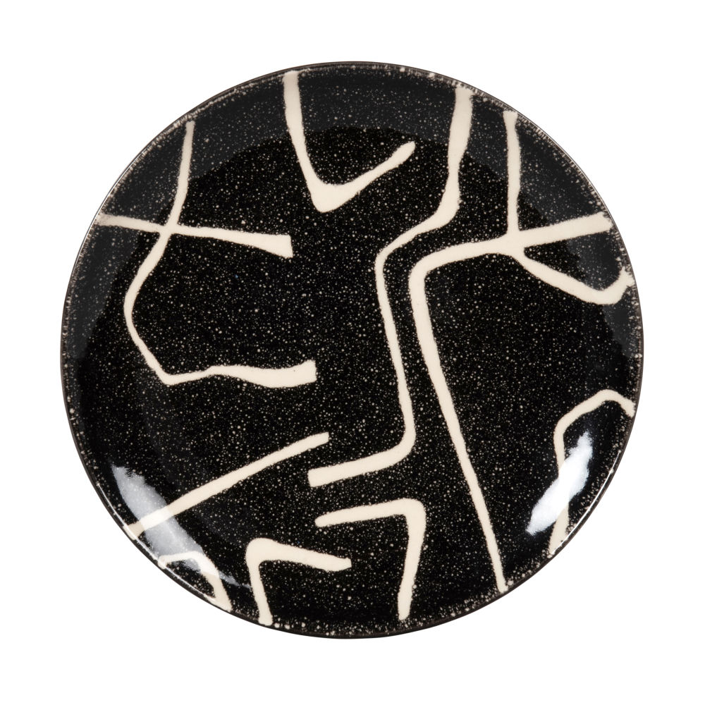 Assiette à dessert en grès noir motifs graphiques écrus Assiette à dessert en grès noir motifs graphiques écrus