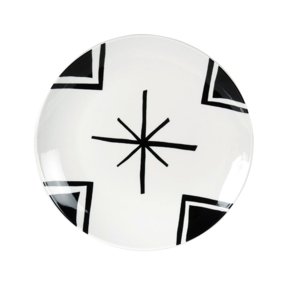 Assiette à dessert en porcelaine blanche motifs graphiques noirs Assiette à dessert en porcelaine blanche motifs graphiques noirs