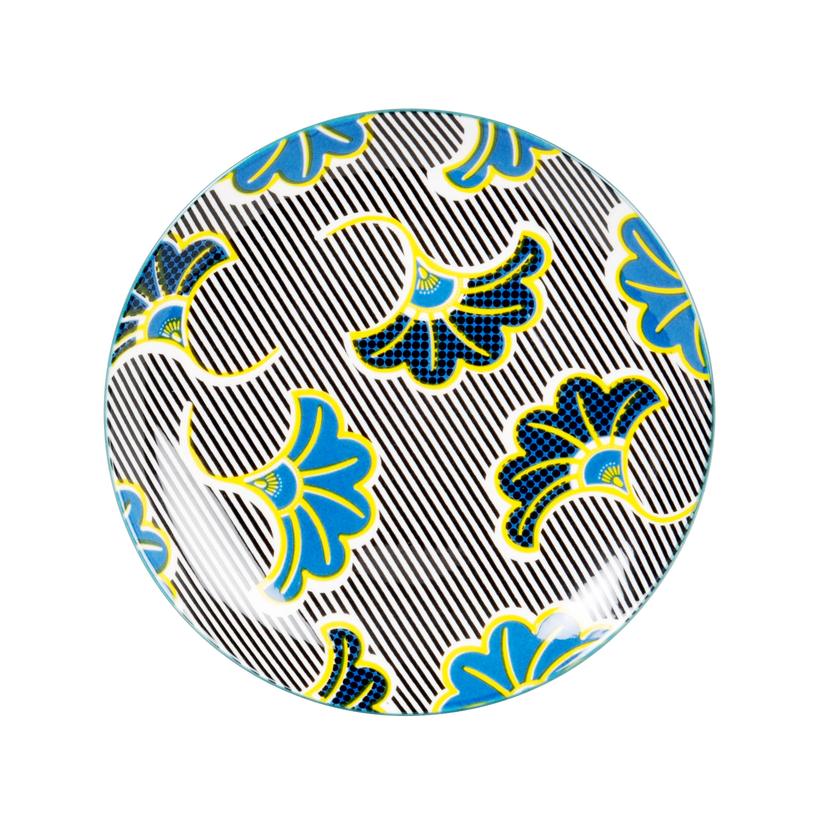 assiette à dessert en porcelaine motif floral bleu, jaune et noir