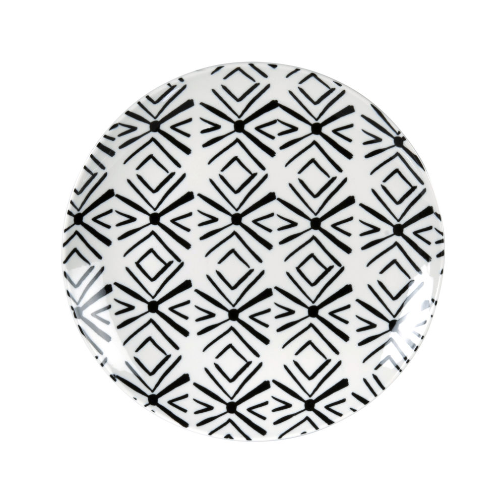 Assiette à dessert en porcelaine motifs graphiques blancs et noirs Assiette à dessert en porcelaine motifs graphiques blancs et noirs