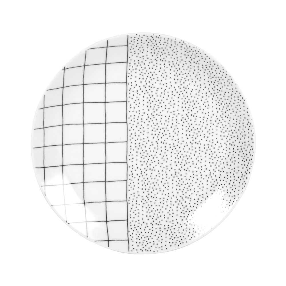 Assiette à dessert en porcelaine noire et blanche motifs pois et carreaux