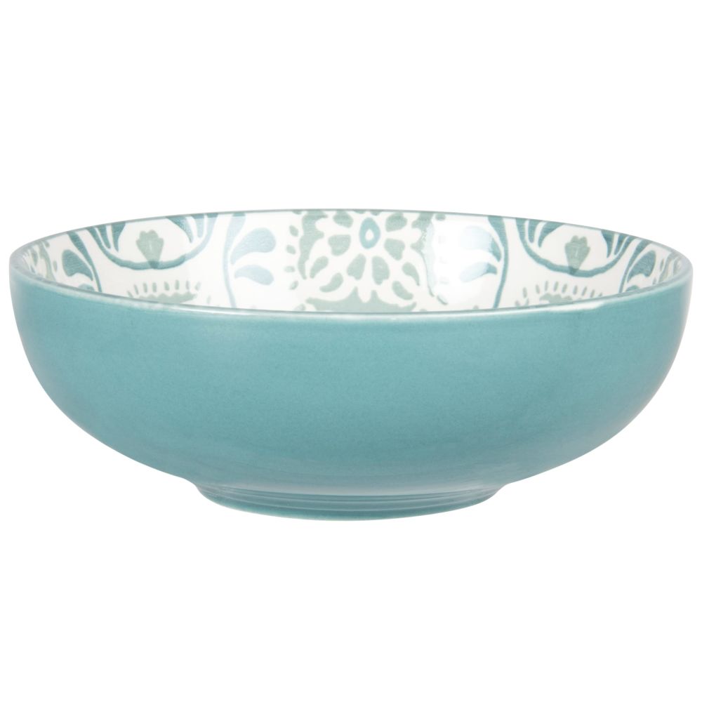 Assiette creuse en grès blanc à motifs bleus et gris