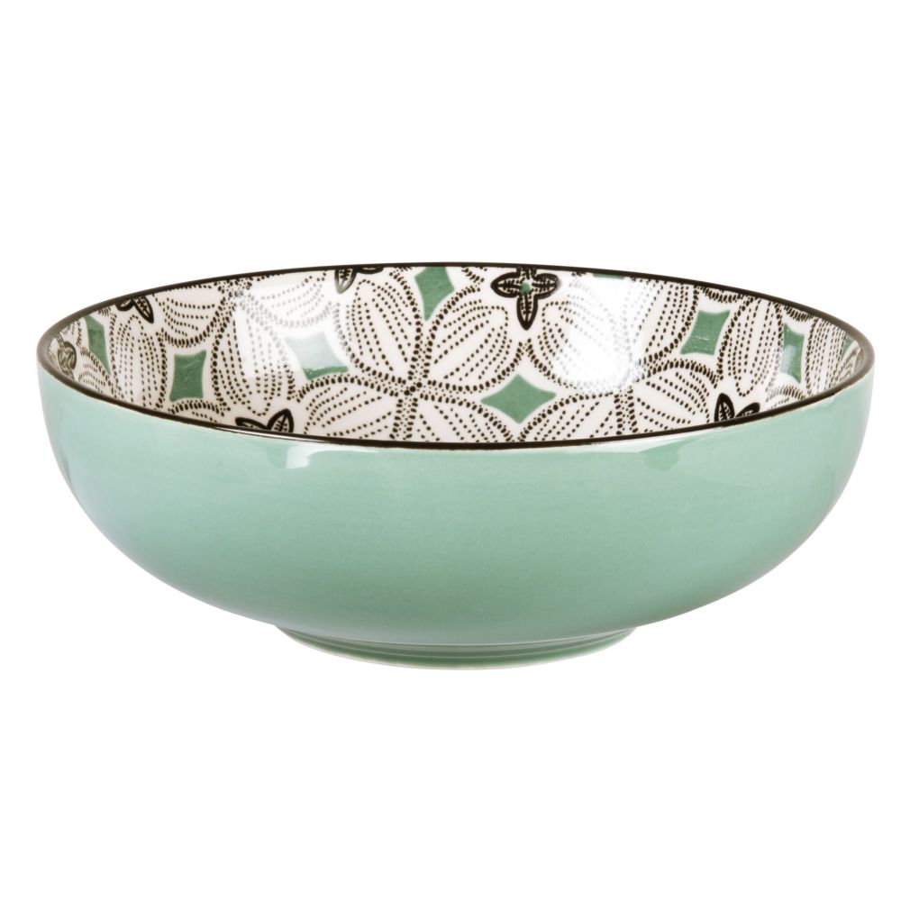 Assiette creuse en grès motifs graphiques bleu gris, verts et blancs