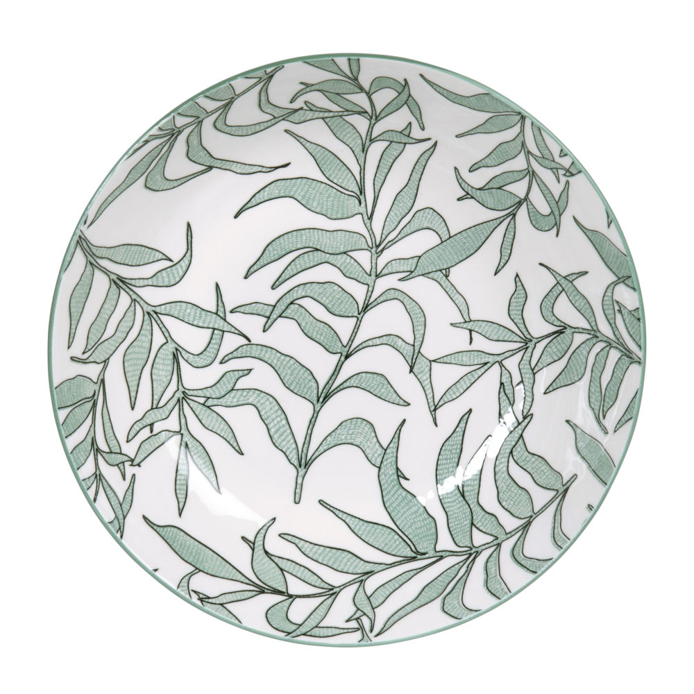 Assiette creuse en porcelaine blanche motif végétal vert Assiette creuse en porcelaine blanche motif végétal vert