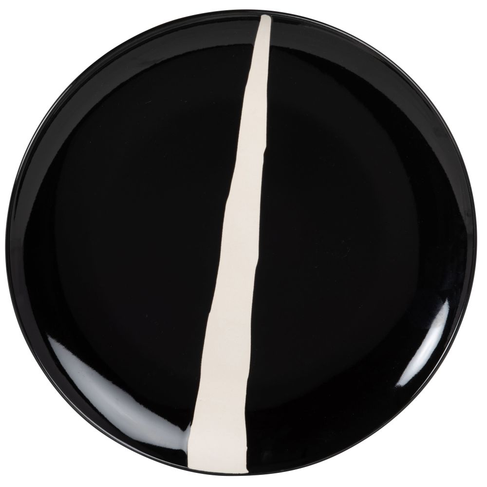 Assiette de présentation en grès noir et trait blanc
