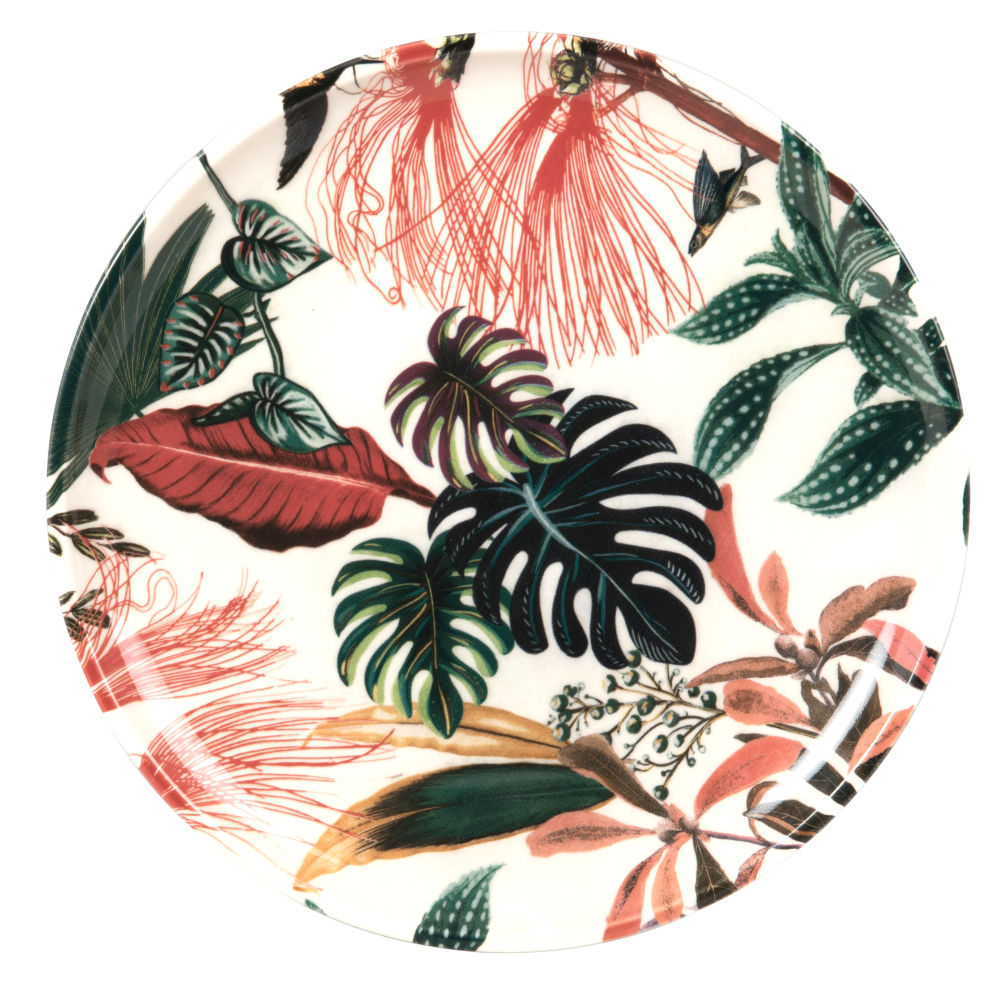 Assiette plate en faïence blanche motif végétal multicolore