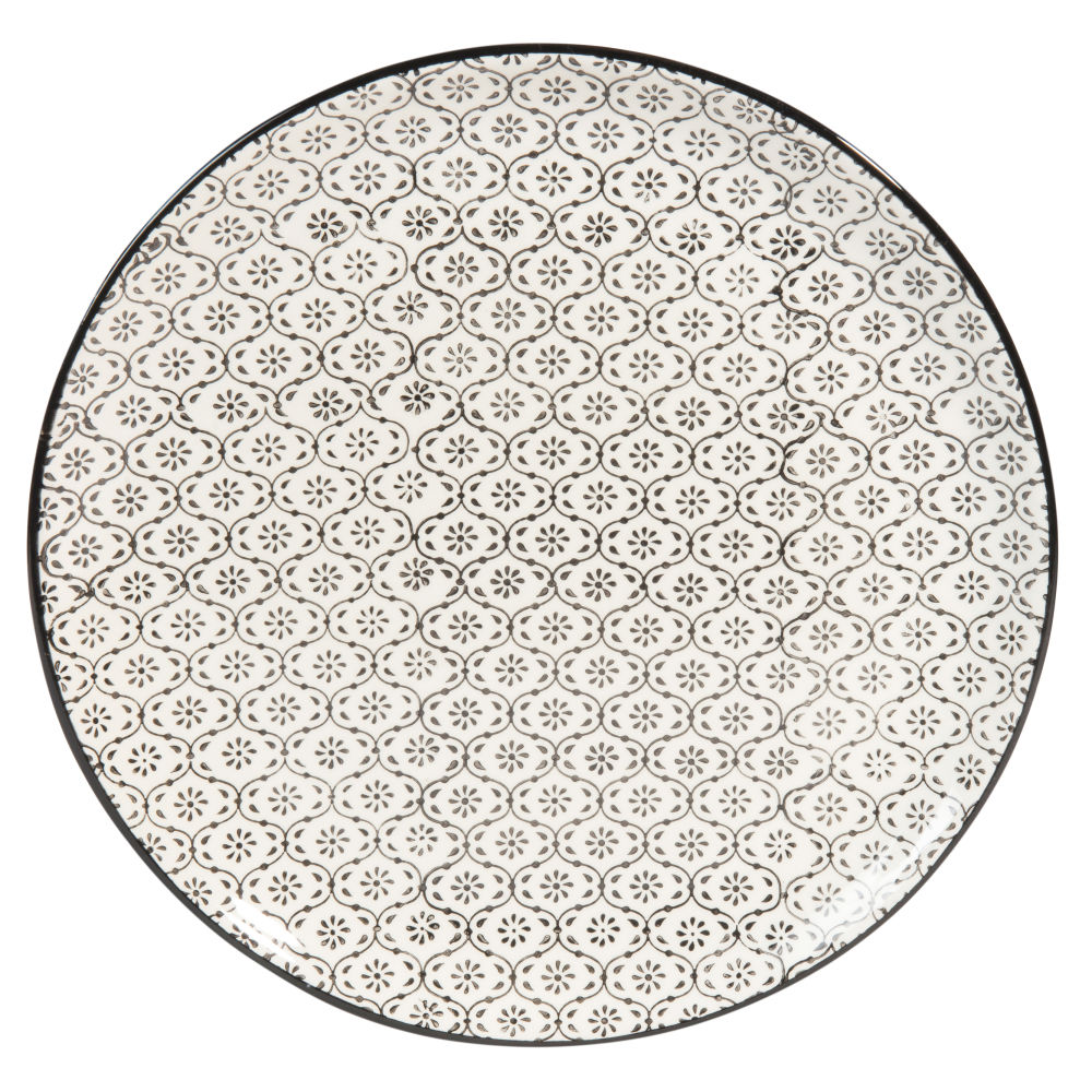 Assiette plate en faïence blanche motifs graphiques noirs