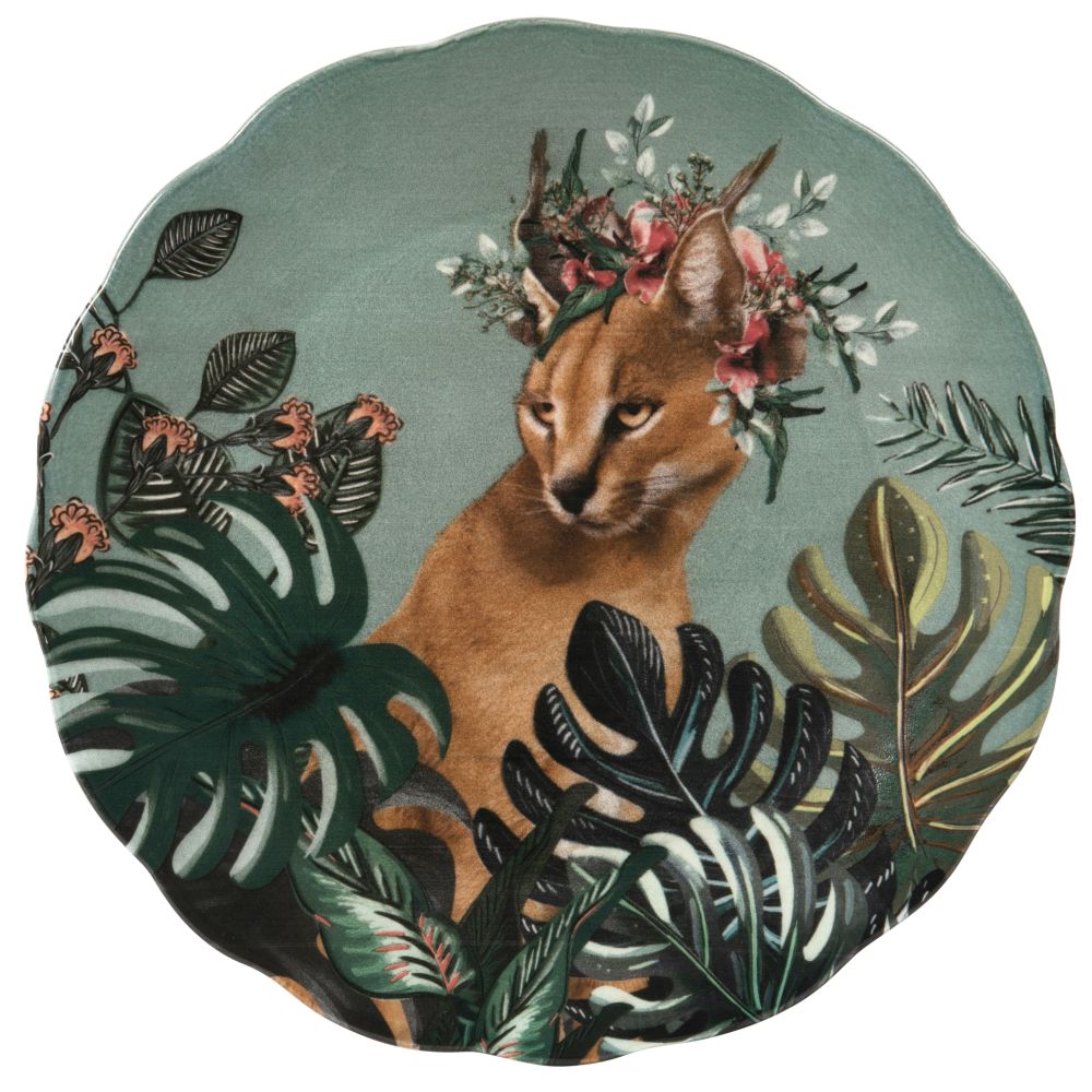 Assiette plate en faïence multicolore motif tropical et lynx Assiette plate en faïence multicolore motif tropical et lynx