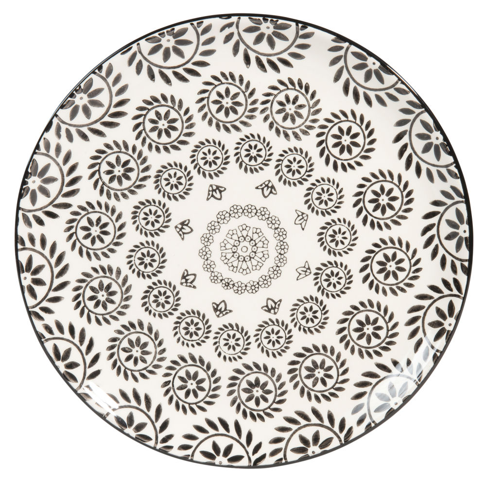Assiette plate en faïence noire et blanche imprimée