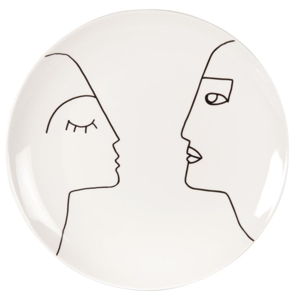 Assiette plate en grès beige et noir imprimé