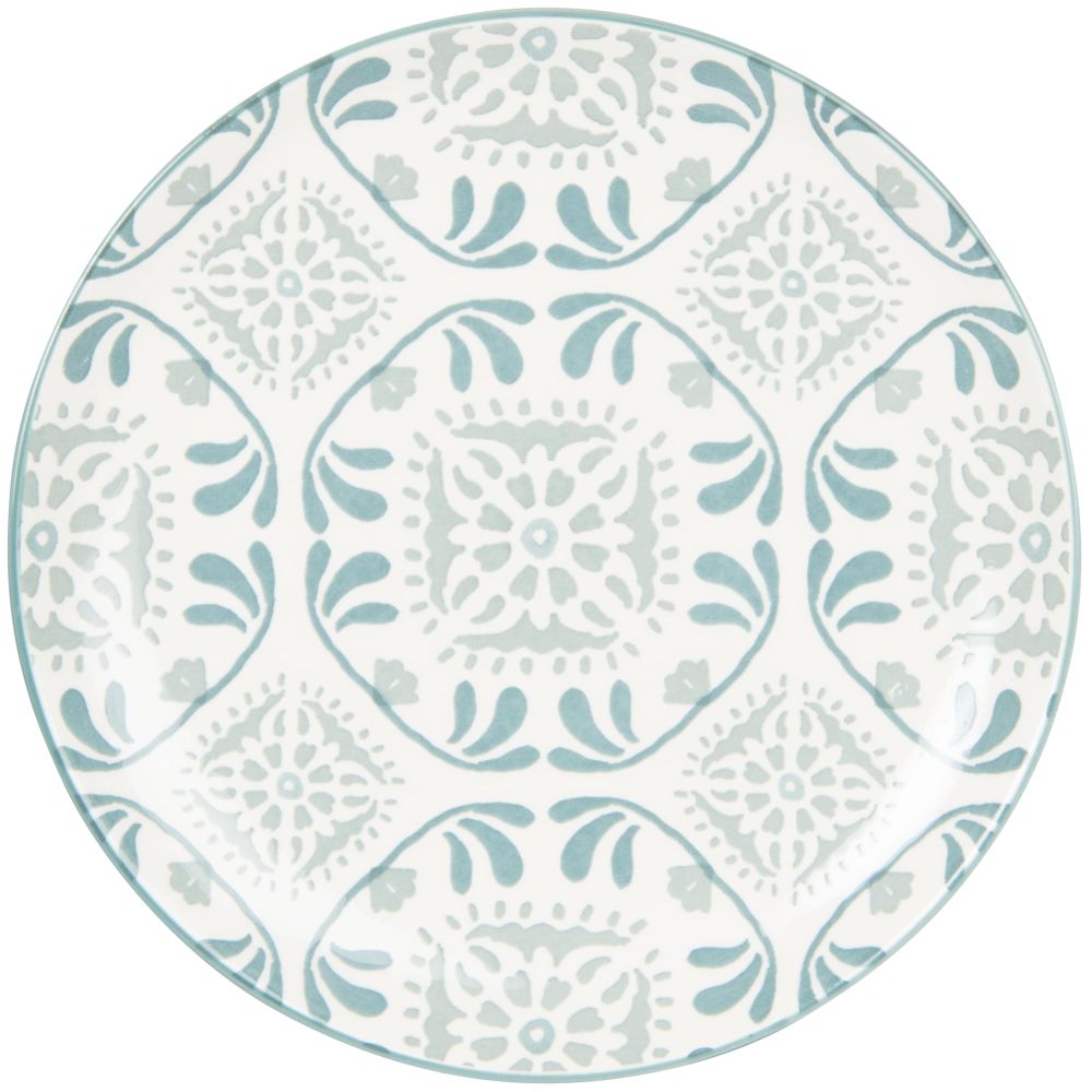 Assiette plate en grès blanc à motifs bleus et gris