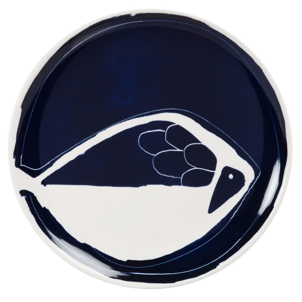 Assiette plate en grès blanc et bleu marine motif poisson