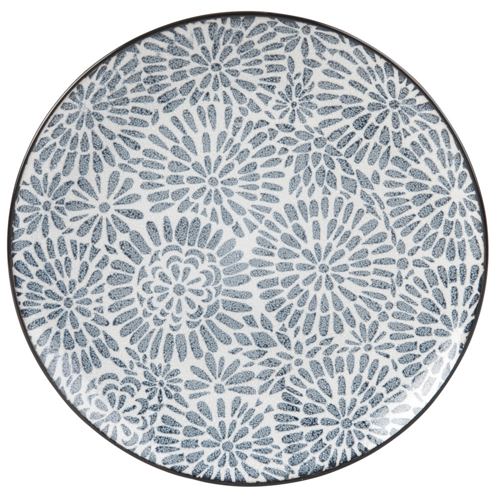 Assiette plate en grès blanc motifs graphiques bleus Assiette plate en grès blanc motifs graphiques bleus