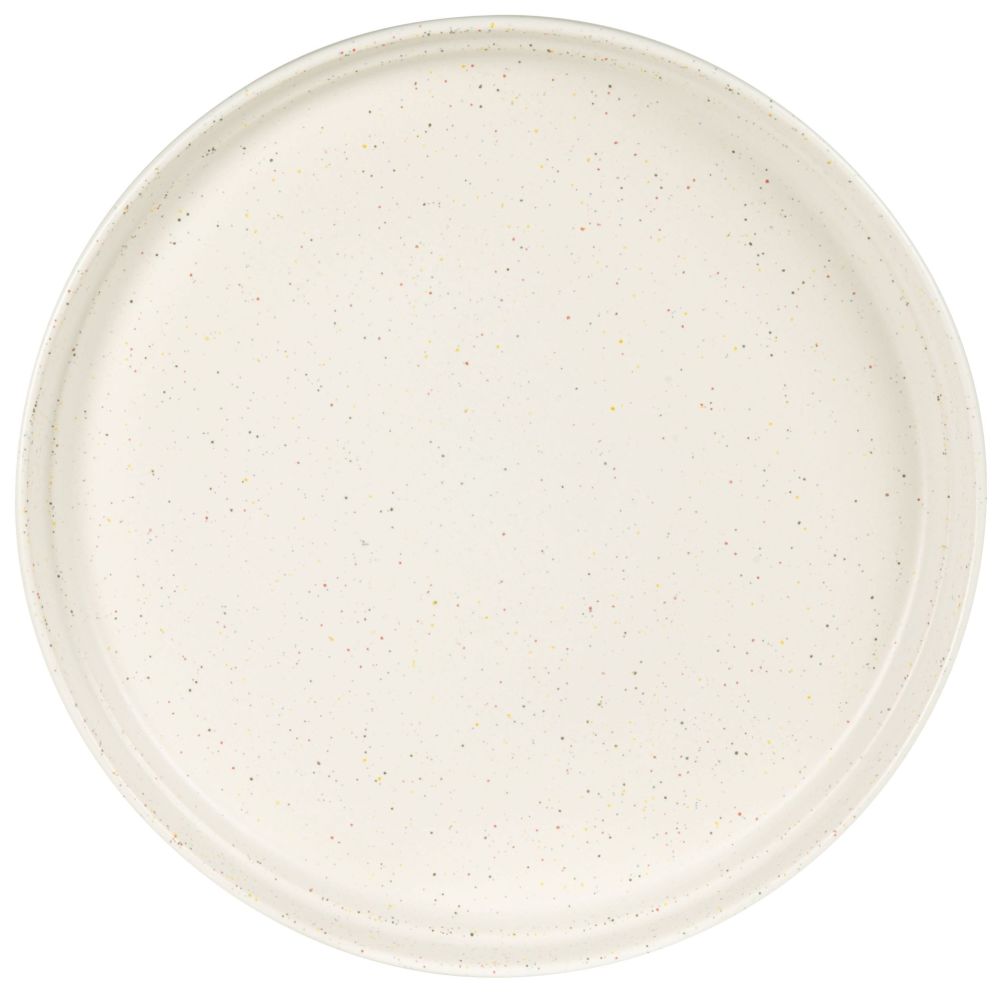 assiette plate en grès blanc motifs mouchetés multicolores