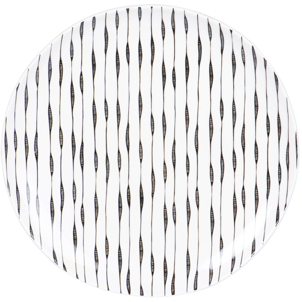 Assiette plate en grès blanc motifs traits noirs