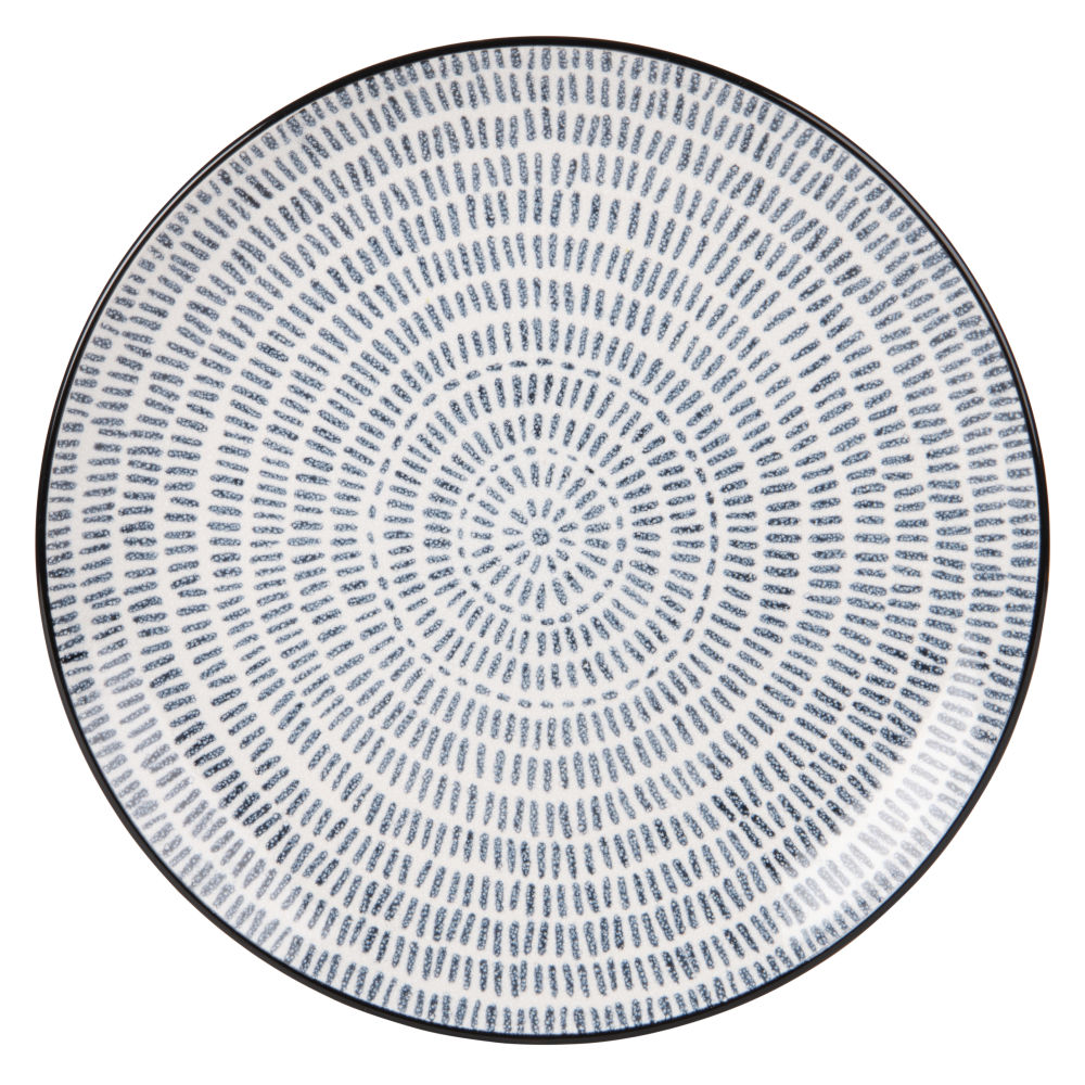Assiette plate en grès imprimé traits bleus Assiette plate en grès imprimé traits bleus