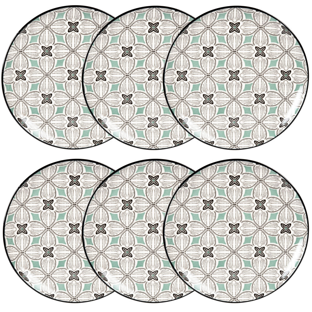 Assiette plate en grès motifs graphiques bleu gris, verts et blancs