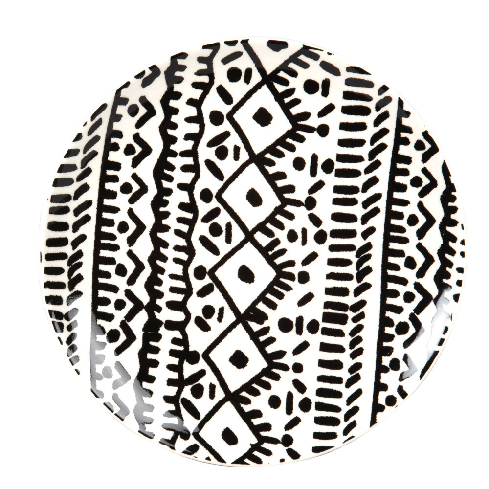 Assiette plate en grès noir et blanc à motifs