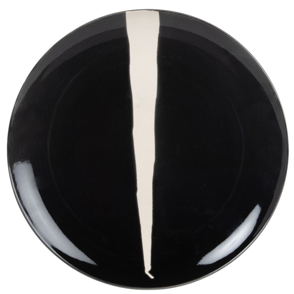 Assiette plate en grès noir et trait blanc