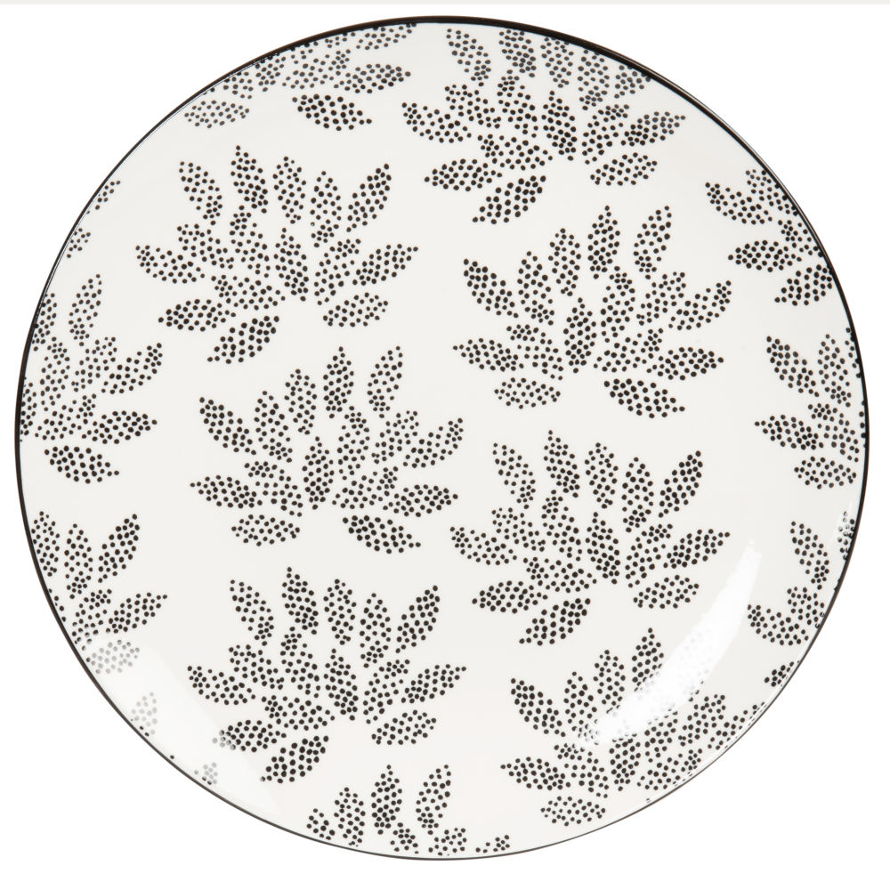 Assiette plate en porcelaine blanche à motifs noirs