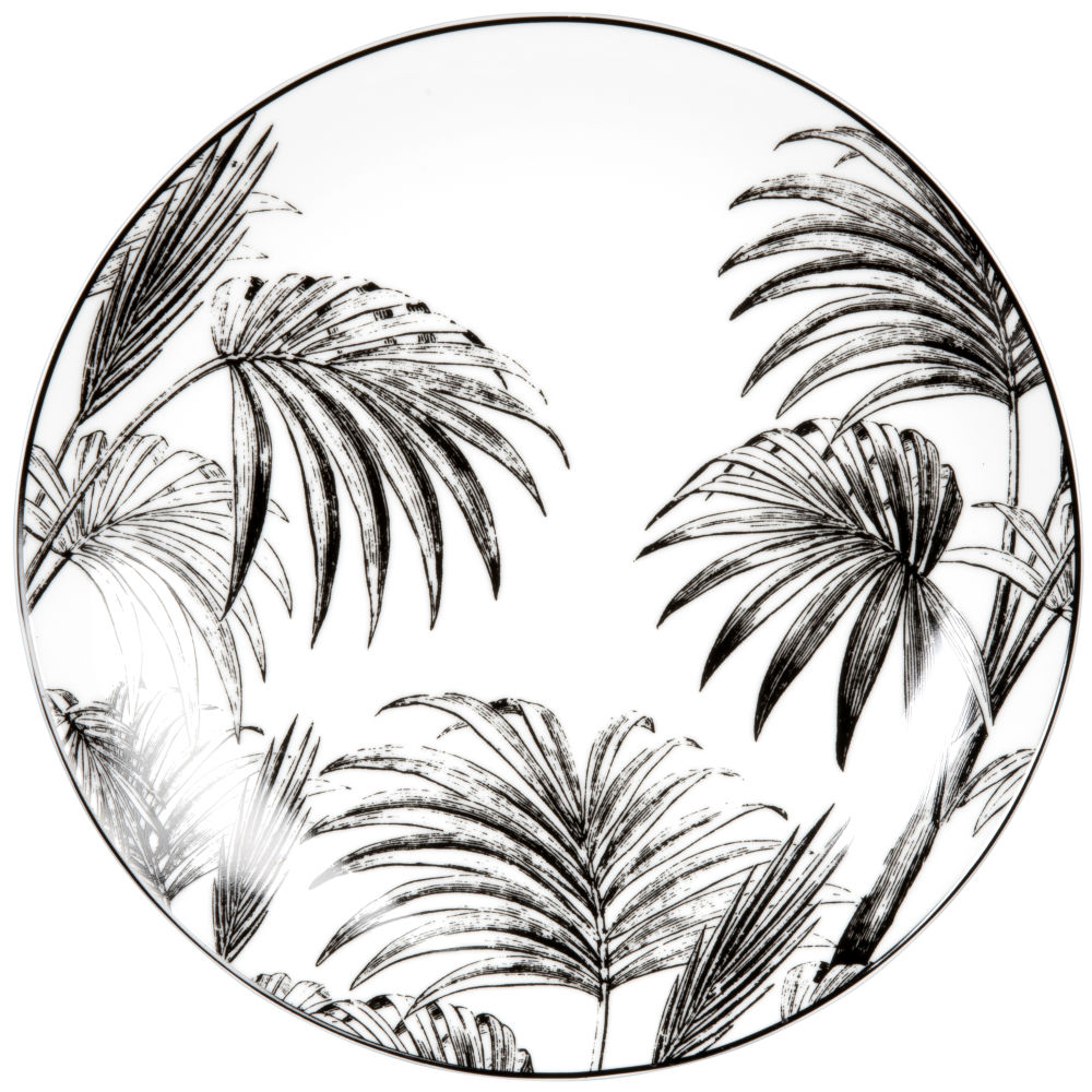 Assiette plate en porcelaine blanche et noire imprimé palmes