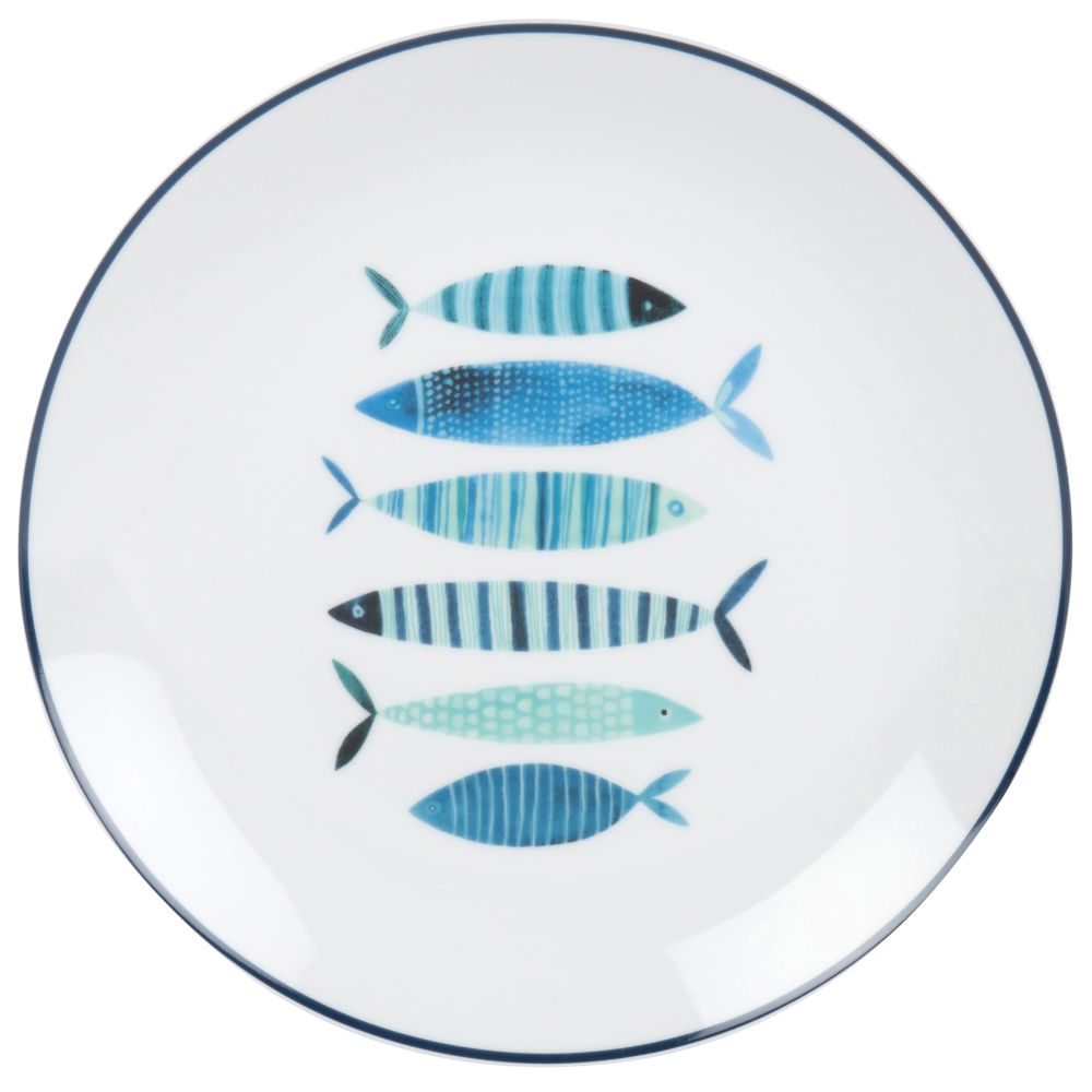 Assiette plate en porcelaine blanche imprimé poissons bleus