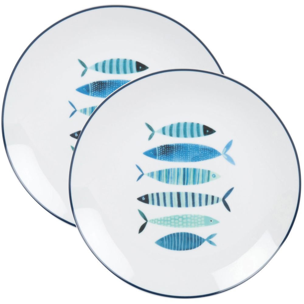 Assiette plate en porcelaine blanche imprimé poissons bleus