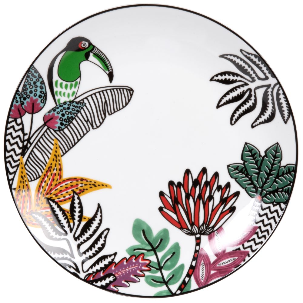 Assiette plate en porcelaine blanche imprimé tropical et toucan multicolore Assiette plate en porcelaine blanche imprimé tropical et toucan multicolore