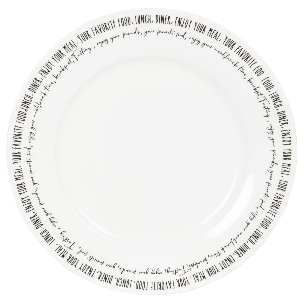 Assiette plate en porcelaine blanche inscriptions noires