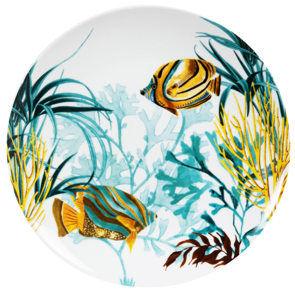 Assiette plate en porcelaine blanche motif fond marin multicolore