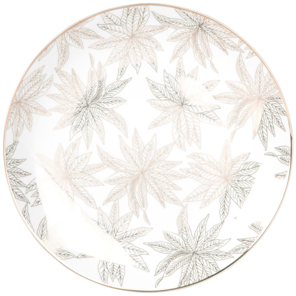 Assiette plate en porcelaine blanche motif végétal doré