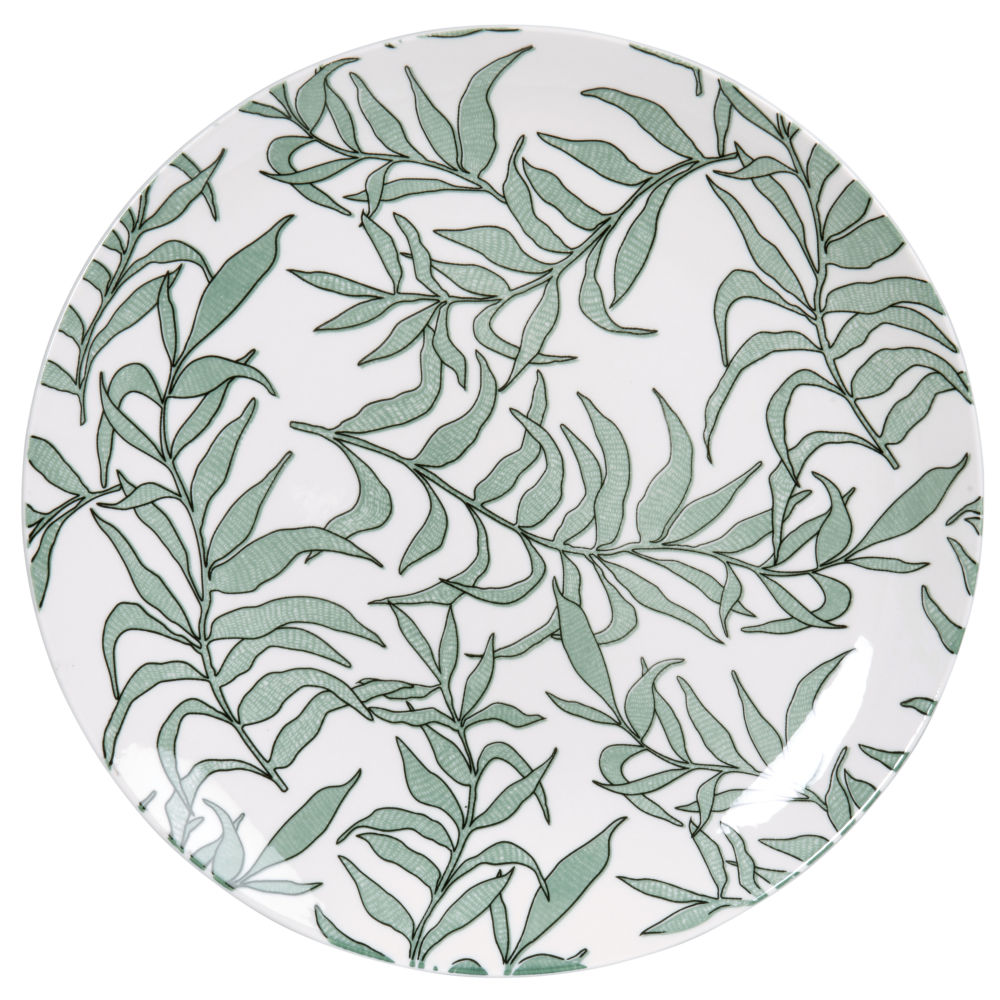 Assiette plate en porcelaine blanche motif végétal vert Assiette plate en porcelaine blanche motif végétal vert